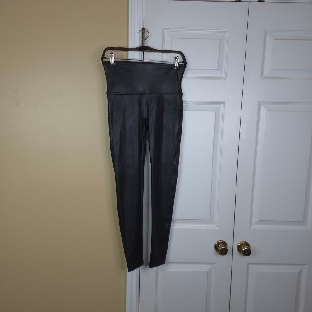 Spanx Faux Leather Shimmer Leggings Slick Shiny Vegan High Rise Black L